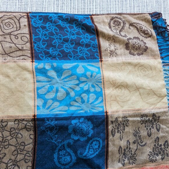 Cashmere and Silk Pashmina Blue Orange Floral - Picture 3 of 7